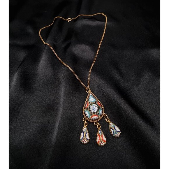 Vintage Italian Gold-Tone Mosaic Pendant Necklace With Dangle Charms & Chain - Picture 3 of 7